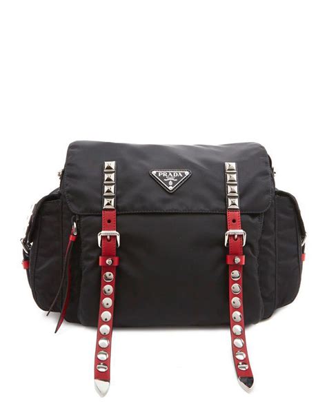 PRADA Nylon New Vela Studded Messenger Bag Black.